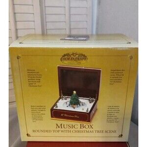 Gold Label Rounded Top Christmas Tree Scene Music Box Vintage NIB‎